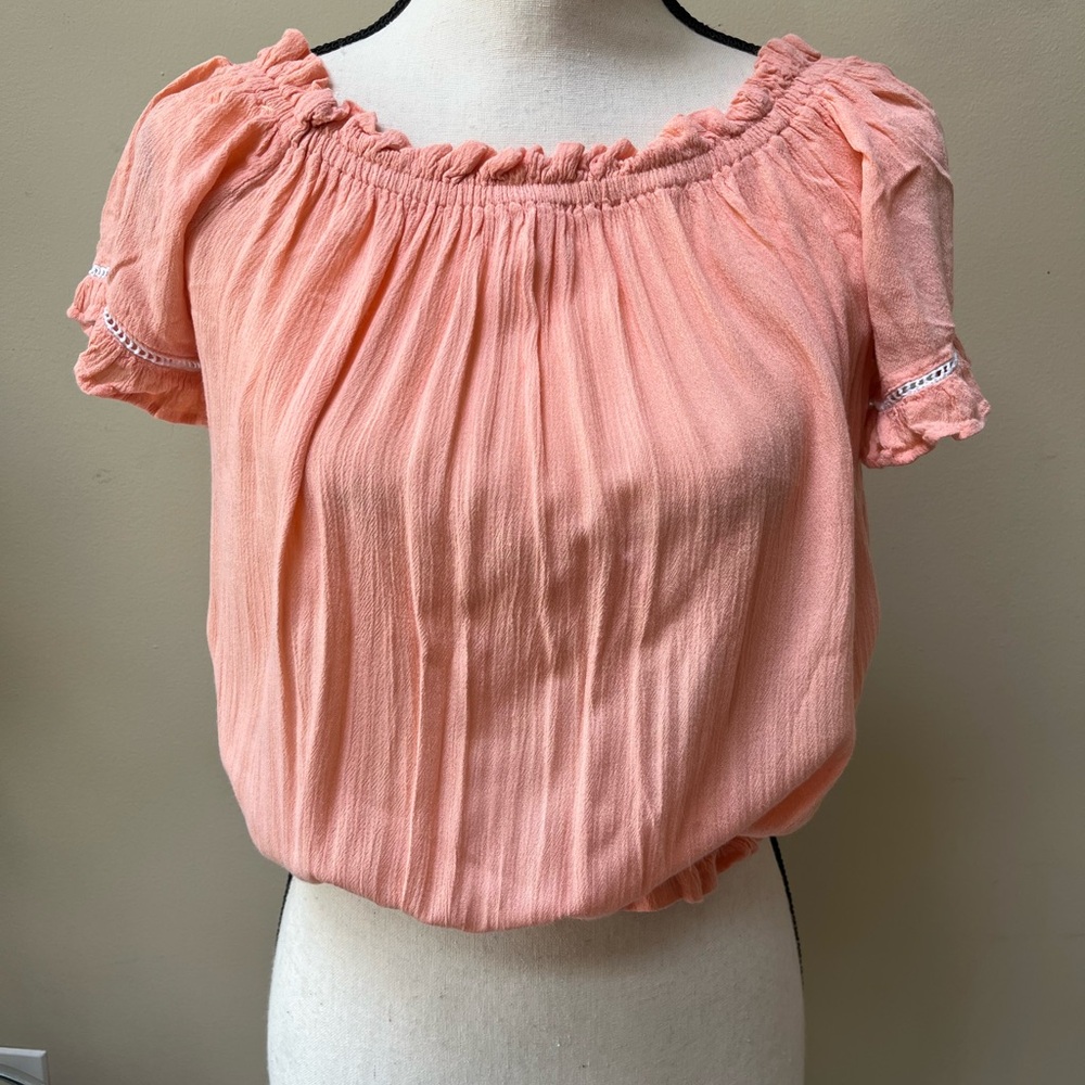 Poof! Peach Coral Puff Sleeve Ruffled Blouse - Picture 3 of 9